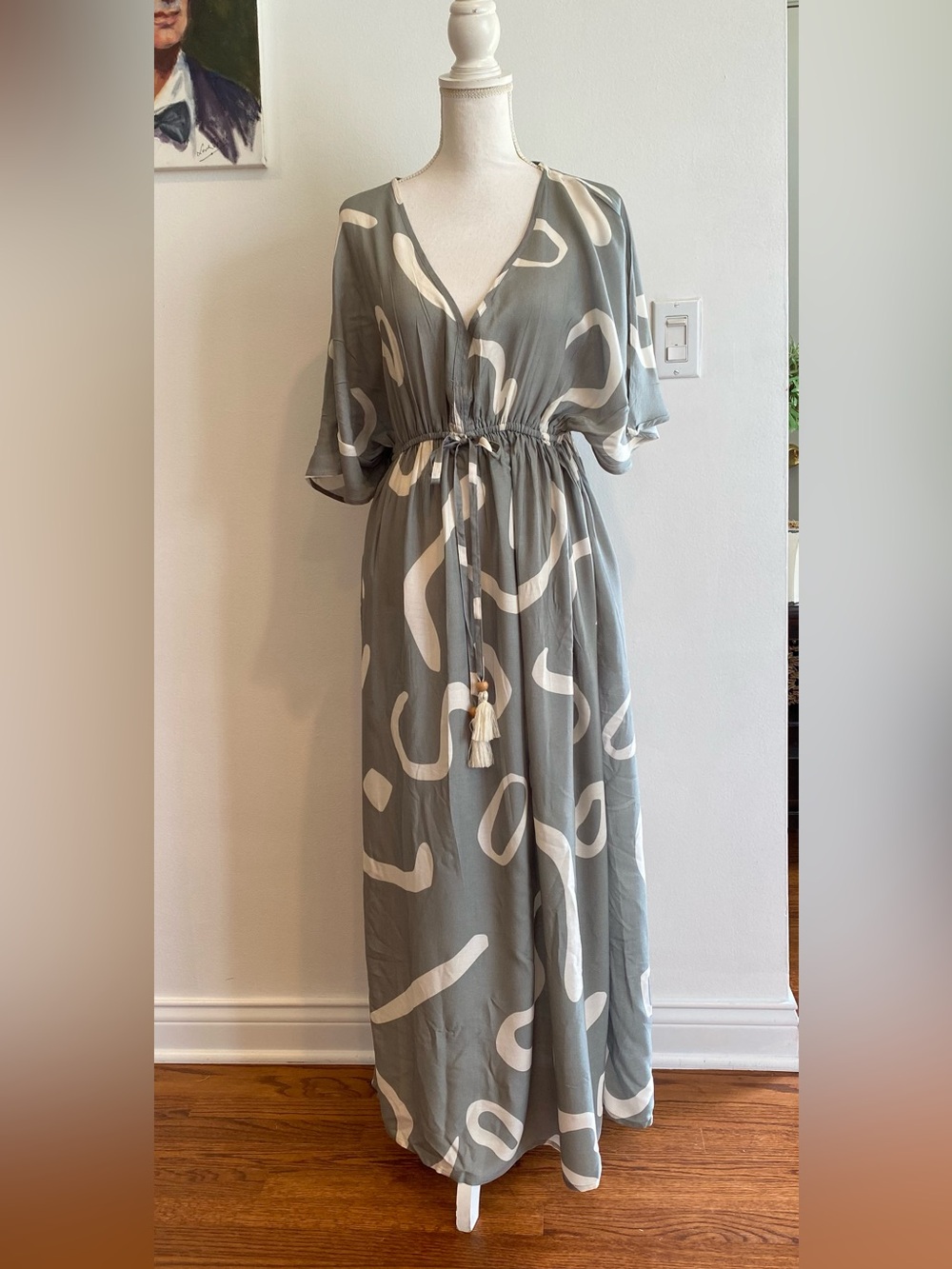 World Market sage green abstract dress kaftan style v neck soft flowing comfort